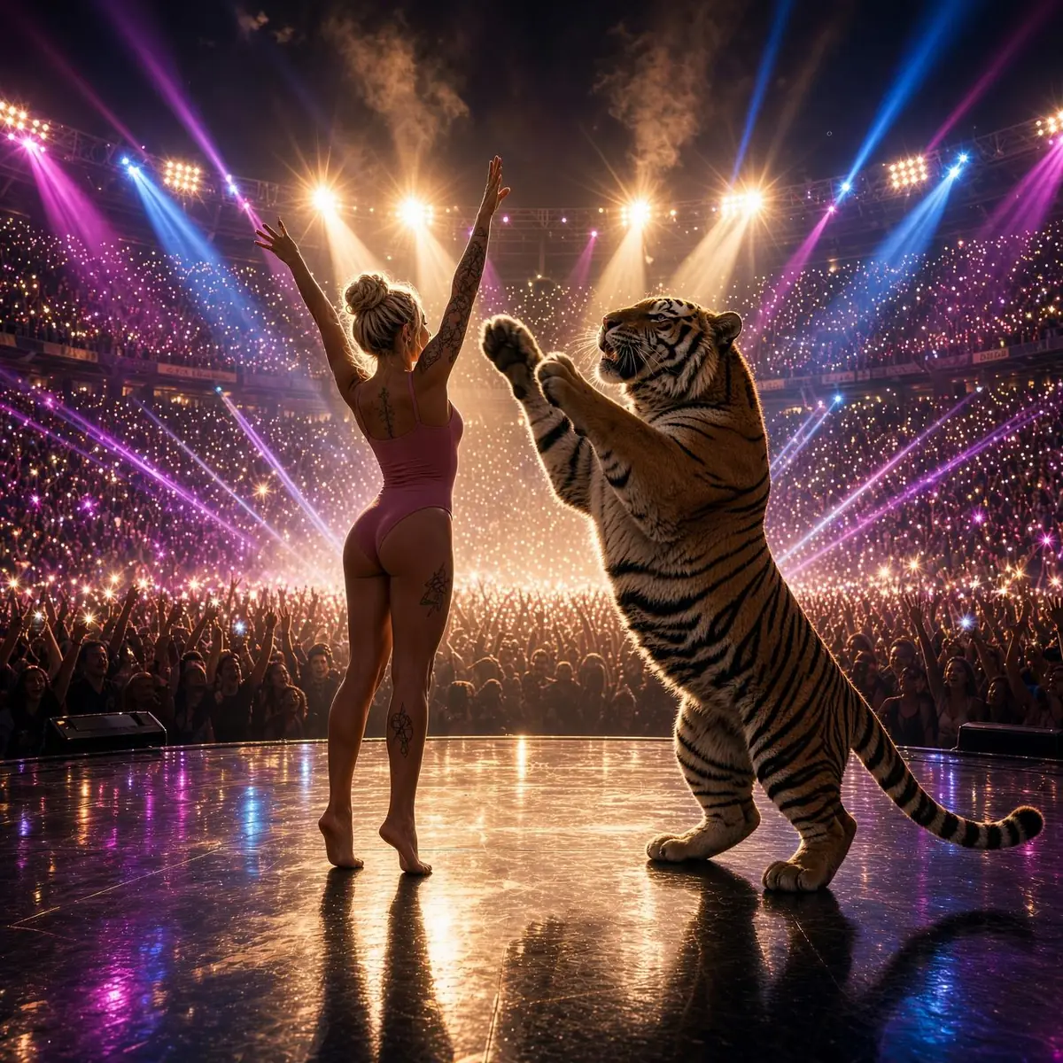 The Trophy Hoe and a tiger bowing on a lit arena stage.